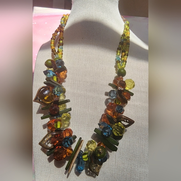 Boho Green, Brown,Blue beads w wood and hearts choker necklace - Picture 8 of 8